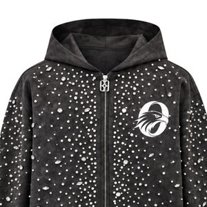 Customized <b>Black</b> Pearl Full <b>Zip</b> <b>Hoodie</b> Luxury Pearl Studded Streetwear Jacket Long Sleeve Hooded Sweatshirt With Pockets - Product Image 3