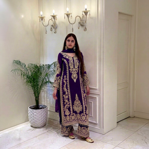 Costume Salwar brodé violet pour femmes, coupe ample, tenue de mariage traditionnelle, style indien pakistanais - Product Image 1