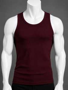 Men's Breathable Ribbed 100% Cotton Gym Tank <b>Top</b> O-Neck Casual Knitted Solid Color 220g - Product Image 2