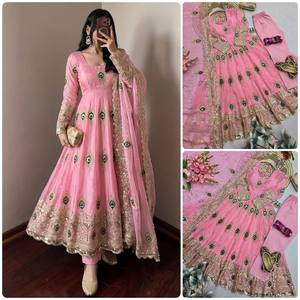 Robe Anarkali brodée rose pour femme, tenue traditionnelle indienne et pakistanaise pour mariage, robe longue avec motif paon - Product Image 5