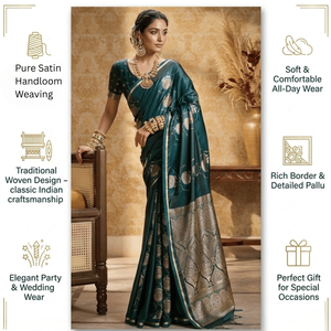 Sari de satén verde puro de diseñador, tejido a mano, con trabajo de zari dorado |   Elegante Saree Tradicional Festivo para Bodas para Mujeres - Product Image 5