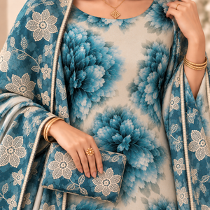 Tissu imprimé floral de luxe suisse bleu en polyester 100% avec dentelle brodée pour tenue de mariage et de fête - Product Image 2