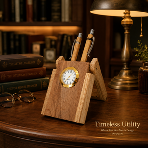 Luxury Wooden Pen Holder with Quartz Clock Handcrafted | Desk Organizer Stand for Office Study Table Decor Gift Collection - Product Image 4