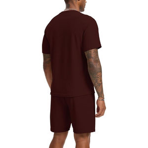 Men's Burgundy Cotton T-Shirt and Shorts Set Crew Neck Short Sleeve Solid Color Casual Summer Wear Breathable Knitted <b>Fabric</b> - Product Image 6