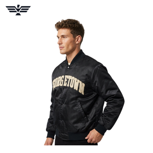 Blouson Bomber Unisexe Noir Brodé Lettres sur le Devant Col Montant Simple Boutonnage Style Universitaire Extérieur en Soie 100% Polyester Hiver - Product Image 4