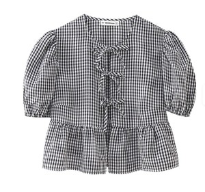 Blouses décontractées vintage pour femmes, col rond, manches longues, hauts à nouer avec nœud et volants, motif uni, tricotés, longueur midi, pour le printemps et l'été - Product Image 5