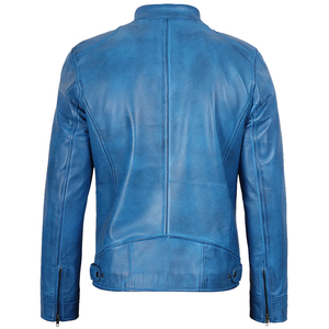 Chaqueta de Cuero Genuino Azul para Hombre, Corte Ajustado, Estilo Motero, Piel de Oveja Real, Diseño Vintage, Abrigo de Moda - Product Image 3