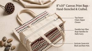 Bolsa de Mano Cuadrada de Lona con Patrón Geométrico Rojo y Negro, Estilo Casual, Uso Promocional, Técnica de Costura - Product Image 2