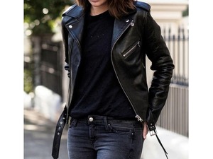 Veste de motard en cuir véritable noir pour femme, coupe ajustée, fermeture éclair asymétrique - Product Image 2
