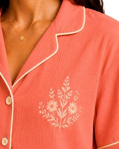 Conjunto de Pijama Rosa Coral para Mujer, Manga Corta, Algodón Popelina, Ropa de Dormir Bordada, Conjunto de Shorts con Botones, Cómodo para el Verano - Product Image 5