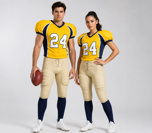 Ensemble d'uniformes de football américain respirants personnalisés, marque personnalisée, jaune marine, 24 polyester, unisexe, vêtements de sport pour adultes - Product Image 1