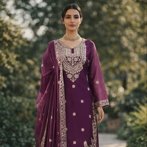 Ensemble élégant Kurta Palazzo en soie brodée JMC avec dupatta pour les occasions festives et les mariages - Product Image 1