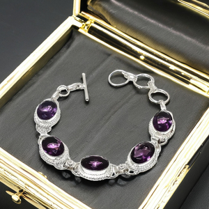 Elegant <b>Purple</b> Amethyst Gemstone 925 Sterling Silver Bracelet for Women Handmade Jewelry Adjustable Size Gift for Her - Product Image 1