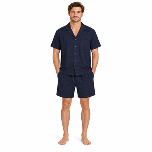 Ensemble de pyjama de luxe tissé pour homme, manches courtes, boutonné, vêtements de nuit d'été frais, short de détente assorti, tenue de nuit marine - Product Image 1