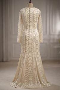 Vestido de Novia de Lujo con Cuentas de Perlas, Estilo Sirena, Manga Larga, Hecho a Medida, Venta al Por Mayor Directo de Fábrica - Product Image 3