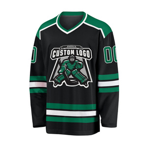 Camiseta de Hockey sobre Hielo Negra y Verde con Logotipo Personalizado al por Mayor, Cuello en V, Manga Larga, Impresión Sublimada, Transpirable, de Poliéster, para Hombre Adulto - Product Image 1