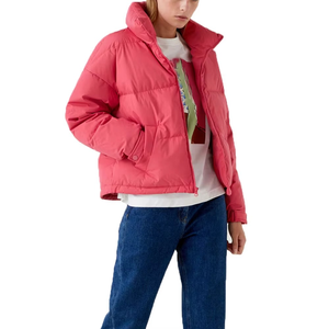 Women's <b>Quilted</b> Jacket Pink Stand Collar Full Sleeve Winter Zipper Closure Solid Color Polyester <b>Wadding</b> Short Length - Product Image 4