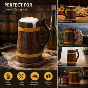 Jarra de Cerveza de Madera con Asa para Bar en Casa, Taza de Madera Hecha a Mano Estilo Vintage, Jarra de Cerveza para Fiestas y Festivales, Utensilios de Bar - Product Image 6
