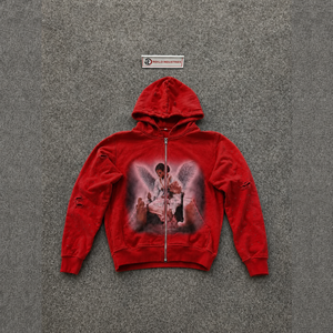 Sweat à capuche zippé RED ANGEL GRAPHIC, style streetwear, imprimé décontracté pour l'automne, effet vieilli, moderne, tendance, avec motifs artistiques rouges - Product Image 6