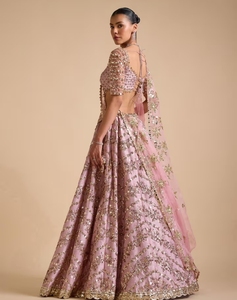 Lehenga KV de satén de seda rosa sólido con adornos, tradicional, semicosturada, reversible, sin arrugas, con blusa sin coser y dupatta. - Product Image 5