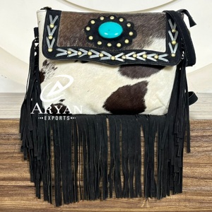 Hair on Hide Fur Leather Fringe Handbag Western Cowhide Fur Gems Stone Fringe Sling Purse Style Multi Uses Sling Purse - Product Image 1