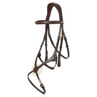Bridon anglais en cuir marron sur mesure avec finitions brillantes, avec nezier rembourré, frontal et rênes en toile