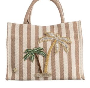 Striped Palm Tree Embroidered <b>Canvas</b> Tote Bag Summer <b>Beach</b> Bohemian Style Open Top Women's Handbag - Product Image 1
