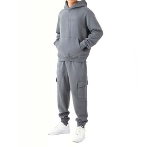 Survêtement gris à capuche pour homme, coupe droite, couleur unie, décontracté, avec poches latérales, idéal pour l'automne, 100 % coton, poids moyen - Product Image 1