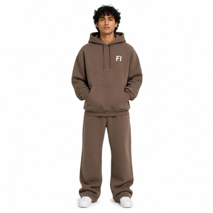 Nouvel ensemble de survêtement confortable deux pièces avec sweats à capuche surdimensionnés et épais, personnalisés et gaufrés, et pantalons de jogging à jambes larges - Fournisseur ODM - Product Image 1