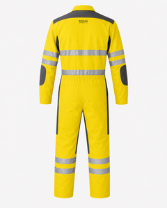 Fluorescent Yellow Charcoal Grey Reflective Industrial <b>Work</b> Coverall with Reinforced Elbows Chest Zip Pocket and Safety Tape - Product Image 6