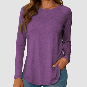 New Women's Purple <b>Raglan</b> Sleeve Long Sleeve Knitted T-Shirt Crew Neck Casual Solid Color Breathable Spandex Cotton Blend <b>Top</b> - Product Image 3