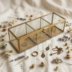 Artisan Design B54 Brass/Glass Cosmetic & Jewelry Organizer <b>Box</b> with Dividers and Glass Panels for <b>Makeup</b> and Jewelry Storage - Product Image 4