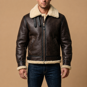 Veste personnalisée pour homme en cuir de mouton shearling B3, hiver, décontractée, écologique, coupe-vent, confortable, doublée de fourrure sherpa, col rabattable - Product Image 4
