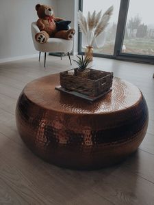 Table basse ronde large martelée et lisse, en métal industriel fait main, finition antique, pour salon, table d'appoint - Product Image 5