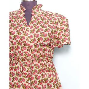 Women's short-length soft pure Cotton <b>Dress</b> Hand Block Floral Print Minimalist Casual Party Wear Formal Bridesmaid Maxi <b>Dress</b> - Product Image 3