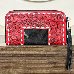 Wholesale Hand Full Tooled Cowhide Fur Leather For Women Western Style Clutch Travel Wristlet <b>Purse</b> Zipper Pattern <b>Wallet</b> - Product Image 5