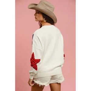 Suéter BiBi para mujer, color marfil, con lentejuelas y parches de estrellas, 302g, talla S - Product Image 1