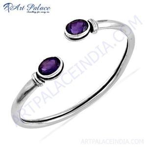 Bracelet manchette en argent 925 avec améthyste, style célébrité, design minimaliste, sertissage clos, unisexe, pour usage quotidien - Product Image 3
