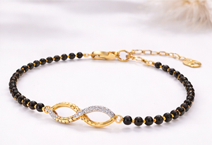18K Yellow <b>Gold</b> Infinity Diamond Mangalsutra <b>Bracelet</b> Black <b>Beads</b> Lab Grown Accents Traditional Symbolic Luxury Wristband - Product Image 5