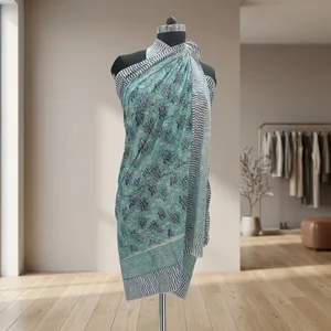 Aqua Blue Hand Block Printed Cotton <b>Sarong</b> Scarf Floral Wrap with Striped Border Lightweight Beach Cover Up Stole - Product Image 2