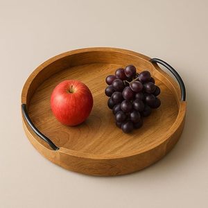 Rustic Wooden Decorative Serving Tray Round Coffee Tea Snack Platter Metal Handles <b>Microwave</b> Safe for Home Dining Table Wedding - Product Image 2
