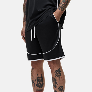 Men's Black Solid Color Quick Dry Gym Shorts <b>Elastic</b> Waist Casual Bermuda Style Knitted Polyester - Product Image 6