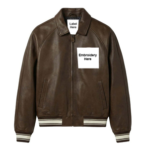 Blouson aviateur en cuir PU marron pour homme, col rabattu, fermeture éclair, broderie sur le devant, style décontracté automne - Product Image 3