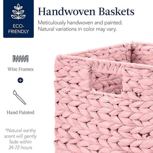 Wholesale Modern Eco-Friendly Rustic Pink Square Water Hyacinth Rattan <b>Storage</b> Basket Set Woven Bins Handles <b>Collapsible</b> <b>Storage</b> - Product Image 3