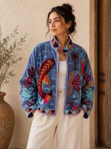 Veste en velours bleu Suzani faite main, style bohème, brodée d'art populaire, pour femme, par un artisan expérimenté, blazer d'hiver tendance - Product Image 1
