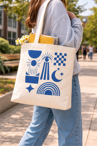 AMANI Premium 250gsm Cotton <b>Canvas</b> <b>Tote</b> Bag Blue Geometric Print Long Handle Washable Eco Friendly Reusable Shopping Bag Custom - Product Image 2