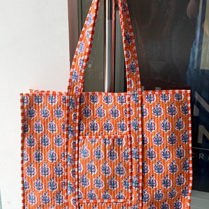 Orange Cotton Tote <b>Bag</b> With Leaf Pattern Bohemian Style Open Top Shopping <b>Bag</b> For Women - Product Image 2