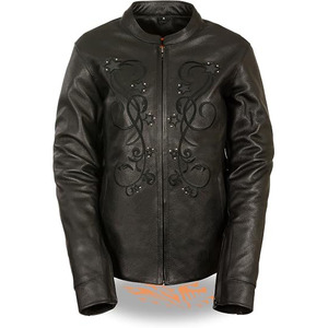 Veste en cuir noire pour femme, manches longues, broderie en strass, toutes saisons, vêtements de moto - Product Image 1