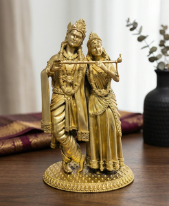 Idole de Radha Krishna en laiton pur plaqué de Jaipur Metals |   100% Laiton |   Statue de divinité hindoue |   10,5x7x16cm |   560g |   Déménagement en bonne ambiance - Product Image 1