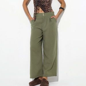 Pantalon plissé décontracté pour femme, taille haute, jambe large, longueur cheville, vert olive uni, en coton, coupe ample, braguette boutonnée, style été - Product Image 1